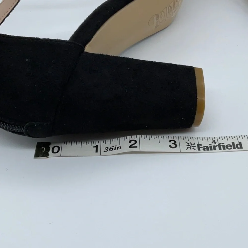 Black Faux suede heels with sparkle detail ankle strap back gold zipper closure